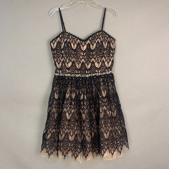 Jodi Kristopher Black Lace Nude Lined Fit Flare Dress Rhinestone Waist Size 9 - Picture 1 of 8